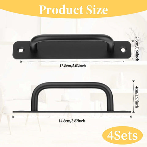 4 Pack Black Aluminum Alloy 5 Inch Hole Center Gate Handles For Sliding Barn Doors And Bifold Closet Doors With Plate Includes 8 Screws Durable Door Pull Handles For Pocket Doors Heavy Duty Construction showing size dimensions.