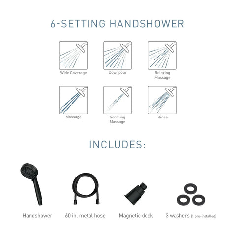 Diagram showing six spray settings for Matte Black Three Point Five Inch Six Function Detachable Handheld Showerhead With Magnetic Docking System Easy Install Magnetic Base For Quick Detach And Dock Upgrade, including handshower and accessories.