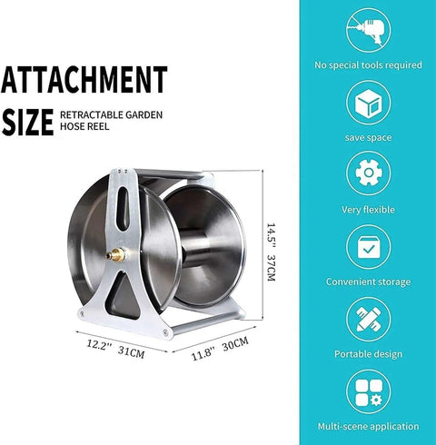 Heavy Duty Retractable Garden Hose Reel Wall Mounted Stainless Steel Cart Cuts The Fuss With Smooth Operation, shown at an angle with size details.