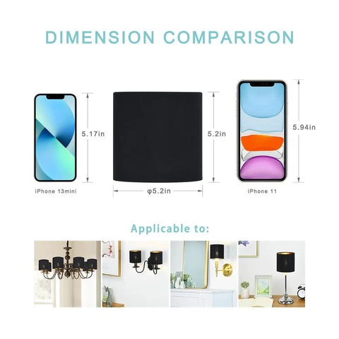 Dimension comparison for Six Pack Clip On Chandelier Lamp Shades Small Drum 5.2 Inch Off White Fabric With Silver Plastic Lining