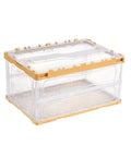 Heavy Duty Collapsible Storage Bins With Lids Super Sturdy Plastic Folding Crate large clear container with gold accents.