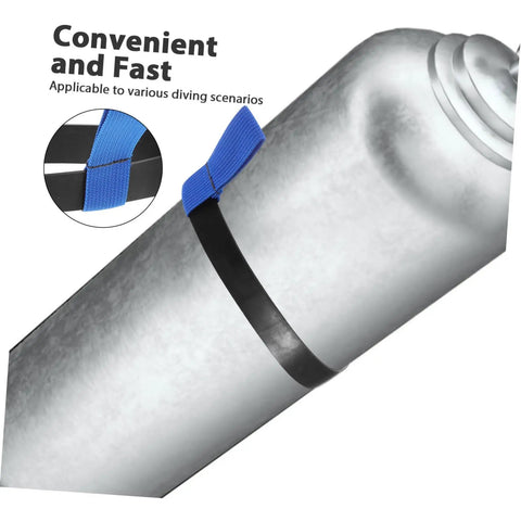 Durable Scuba Tank Band Strap For Securely Fastening Dive Gear Neoprene Cylinder Band on a silver tank.