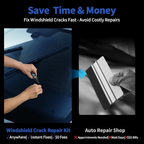Windshield Crack Repair Kit Pro 2025 Premium Glass Repair System With Quick Fix Resin applied on a car windshield with squeegee tool