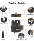 Ultra Compact Metal Ball Head With One Quarter Inch Thread, 360 Degree Swivel And 125 Degree Tilt, Beefy Heavy Duty Tripod Mount For DSLR, Mirrorless, Camcorder, Action Cam, LED Light And Light Stand, Max Load 11 Lb; product details with 1/4-20 screw, anti-slip pad, locking knob