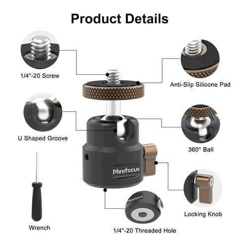Ultra Compact Metal Ball Head With One Quarter Inch Thread, 360 Degree Swivel And 125 Degree Tilt, Beefy Heavy Duty Tripod Mount For DSLR, Mirrorless, Camcorder, Action Cam, LED Light And Light Stand, Max Load 11 Lb; product details with 1/4-20 screw, anti-slip pad, locking knob