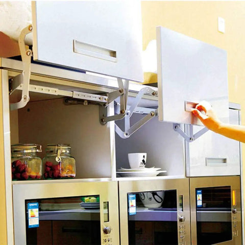 Vertical Lift Cabinet Door Hinge With Pneumatic Flap Up Support For Overhead Cabinets Smooth Upward Opening in kitchen setting