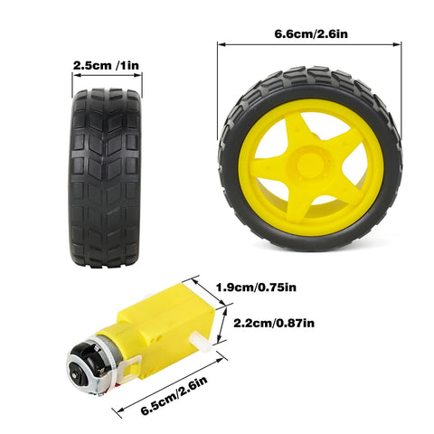 Dimensions of yellow wheel and motor for Dope Four Pack Motors With Leads 3 To 6V DC Gearbox Dual Shaft 90 To 200 RPM 1 To 48 Gear Ratio Wheel Kit.