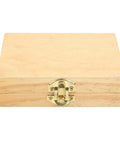 Hardwood storage box with brass latch for carbide turning tool set, front view