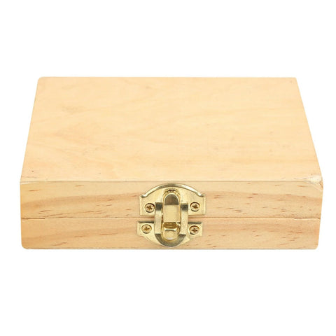 Hardwood storage box with brass latch for carbide turning tool set, front view
