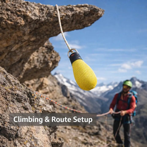 Heavy Duty Outdoor Throw Bag 280g For Arborists And Climbers attached to rock during climbing route setup, seamless woven, yellow