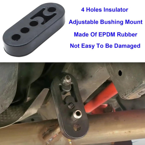 Beefed Up Exhaust Hanger Rod Set Kit with 4-hole insulator mount made of EPDM rubber, shown in car installation view.