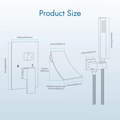 Diagram of Waterfall Bathtub Faucet Kit Wall Mounted Tub Filler With Handheld Shower dimensions in polished chrome.