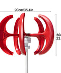 High Efficiency 1000W Wind Turbine Kit For 12V And 24V Systems, red 5 blade lantern style, visible dimensions, off grid setup.