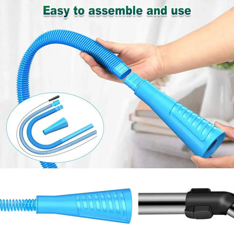 Two Piece Must Have Handy Dryer Vent Cleaner Kit With Vacuum Attachments For Lint Removal, blue hose shown connected to hand