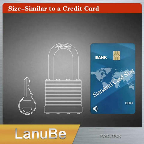 Illustration of laminated padlock set, 1-9/16 inch with long shackle, next to credit card for size comparison, blue plastic hoop.