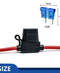 Killer 14 Gauge Inline Fuse Holder 10 Pack Red ATO blade fuse with waterproof cap and 15A blue fuse, designed for 12V DC systems.