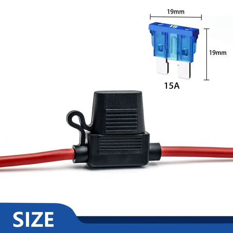 Killer 14 Gauge Inline Fuse Holder 10 Pack Red ATO blade fuse with waterproof cap and 15A blue fuse, designed for 12V DC systems.