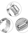 Close-up of Stainless Steel Hose Clamp Assortment Kit 60 Pieces Adjustable From Quarter Inch To One And A Half Inch And Six To Thirty Eight Millimeters Worm Gear Metal Fuel Line Clamps For Plumbing Automotive And Mechanical Applications showing steel construction and gear design.