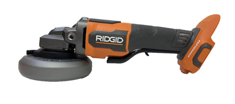 18 Volt Brushless Cordless 4 1 2 Inch Paddle Switch Angle Grinder Power Tool shown from side with a gray wheel and orange accents.