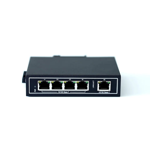 Front view of Unmanaged 5 Port Industrial Ethernet Switch 10/100Mbps Plug And Play With DIN Rail Or Wall Mount, showing Ethernet ports.