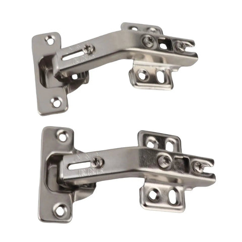 135 Degree Special Cabinet Hinge With Soft Closing And 3 Way Adjustable Hydraulic Mechanism For Face Frame And Rimless Cabinets Tough As Nails Built To Last With Durable Steel Construction For Smooth Close And Long Lasting Performance, showing two steel hinges for cabinets.