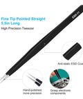 Three-Piece Precision Tweezers Set With Fine Straight Tip, Fine Curved Tip, And Flat Round Tip, Upgraded ESD Safe Anti-Static Crafting Tweezers For Electronics, Jewelry, And Detailed Work, Hand-Polished For Next-Level Accuracy. 5.5in straight tweezer with ESD coating for electronics.