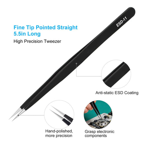 Three-Piece Precision Tweezers Set With Fine Straight Tip, Fine Curved Tip, And Flat Round Tip, Upgraded ESD Safe Anti-Static Crafting Tweezers For Electronics, Jewelry, And Detailed Work, Hand-Polished For Next-Level Accuracy. 5.5in straight tweezer with ESD coating for electronics.