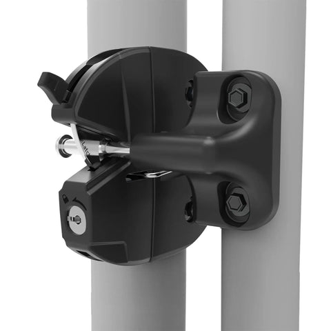 Heavy Duty Chain Link Fence Gate Latch For Round Posts With External Access Button installed on round posts, showcasing adjustable lock mechanism.