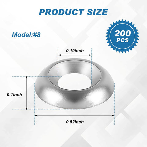 Front view of Yaocom #8 countersunk stainless steel finishing washer, 304 SS, silver, 200 pcs