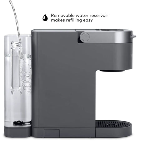 Side view of K Supreme Single Serve K Cup Pod Coffee Maker With MultiStream Technology Delivers Rich Flavor in gray with removable water reservoir.