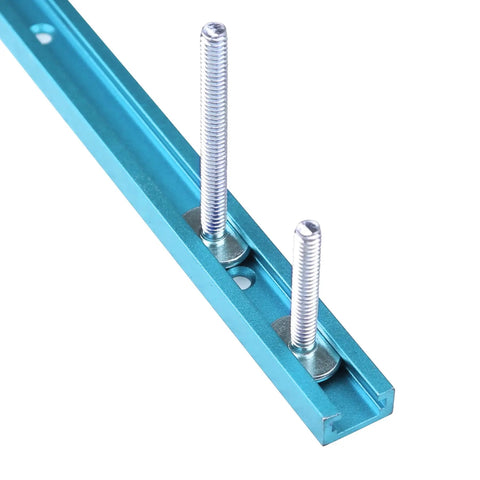One Quarter Inch T Track Bolts And Knobs Kit in blue T-track with two stainless steel bolts visible