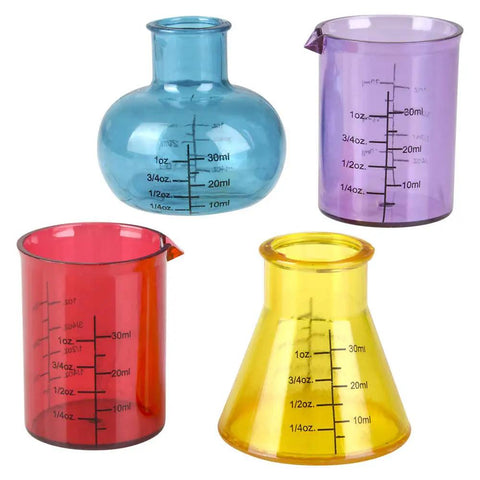 4 Piece Chemistry Beaker Shot Glass Set For Parties And Science Nerds, lab style drinking glasses in various colors and shapes.
