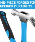Claw Hammer With Comfort Grip Framing Style Stubby Hammer 11 Point 5 Oz Stainless Steel Smooth Head Non Slip Handle Shock Absorbing Workhorse For DIY Projects Home Improvement Garage And Workshop, blue handle close-up