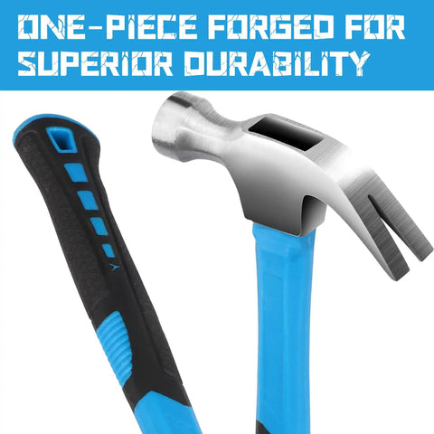 Claw Hammer With Comfort Grip Framing Style Stubby Hammer 11 Point 5 Oz Stainless Steel Smooth Head Non Slip Handle Shock Absorbing Workhorse For DIY Projects Home Improvement Garage And Workshop, blue handle close-up