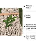 Single Cotton Rope Hammock With Wood Spreader Bar for Indoor Outdoor Use, hand woven classic design, 220 lbs capacity, close-up view.