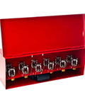 Rock Solid Spare Sprinkler Head Storage Cabinet Engineered For Twelve Fire Safety Nozzles With Easy Access Door, red metal box with opened lid.