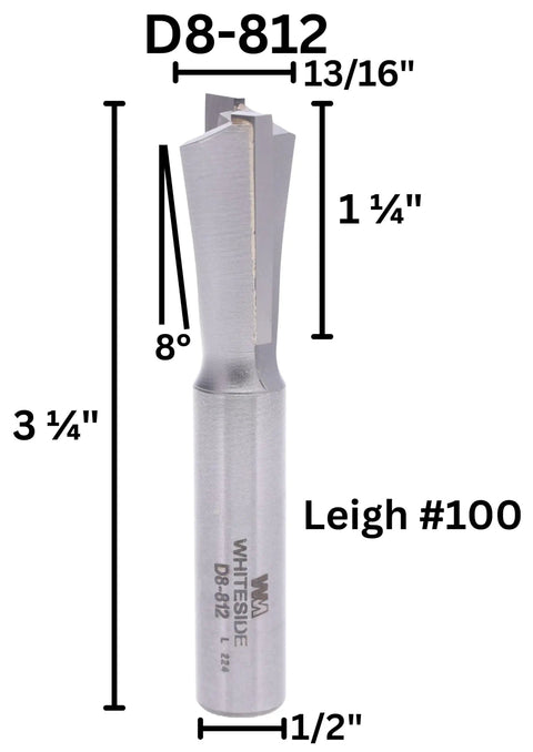 Heavy Duty Eight Degree Dovetail Router Bit Featuring Carbide Tips And Thirteen Sixteenths Inch Diameter, side view with measurements.