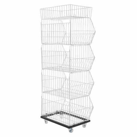 Built Tough Five Tier Rolling Wire Display Rack With Heavy Duty Caster Wheels, Angled Mesh Baskets, And Reinforced Steel Frame Designed To Handle Big Loads Smoothly For Retail Floors, Home Organization, Or Garage Gear In Fresh White
