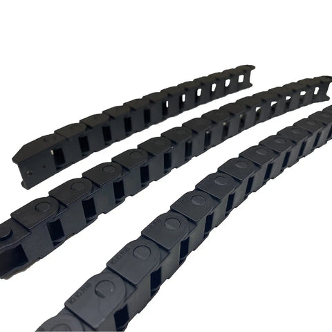 Close-up of black nylon PA66 Two Piece Open Type Drag Chain Cable Carrier Kit 39.4 Inch R18 for CNC Router Mill and 3D Printer