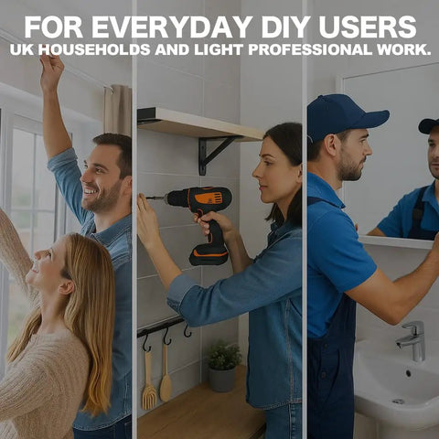 People using Heavy Duty Hollow Wall Anchors Kit for Drywall to hang decor, shelves, and mirrors in various settings.
