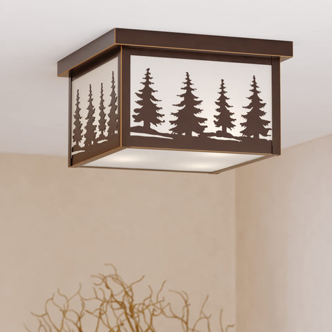 Rustic Burnished Bronze Flush Mount Ceiling Light With White Tiffany Glass, E26 Bulb Compatible, Dimmable, Damp Rated, Tree Design
