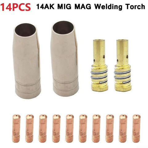 MIG MAG Welding Torch Consumables Kit 14 Piece 14AK Compatible Gas Nozzle Contact Tips Nozzle Holder Pro Grade Copper