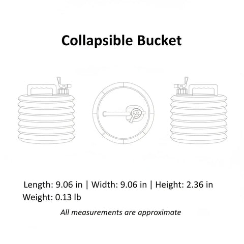 Dimensions of Collapsible Bucket For Camping And Home Use, Folding Water Container with Handy Handle shown in side and top views.