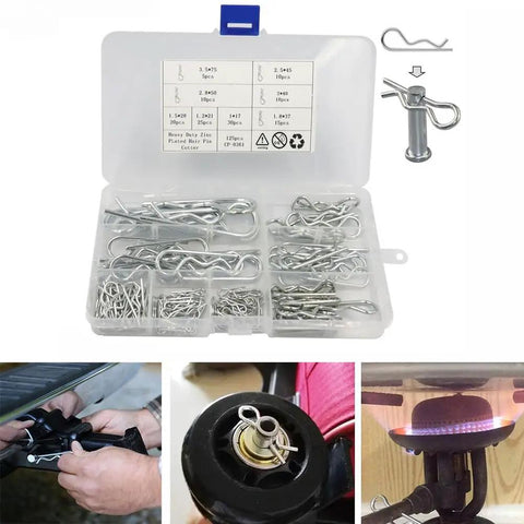 125pc R Type Cotter Pins Set Pro Grade Carbon Steel Zinc Plated Split Pins Kit for Tractor Maintenance Automotive Repair and Machinery Five Sizes Heavy Duty All Purpose Fasteners, assorted sizes in organizer