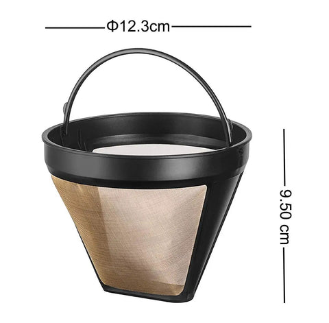 Gold Tone Permanent Coffee Filter For 12 Cup Coffee Makers Including Krups Savoy Braun DeLonghi with handle, 12.3cm diameter