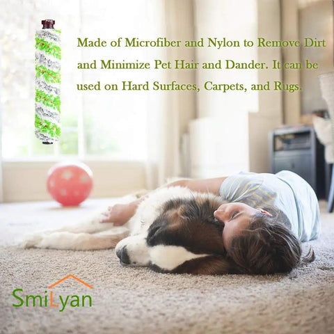 Child resting on dog with view of All In One Replacement Parts Kit For Bissell CrossWave Pet Pro 2306A multi surface brush roll.