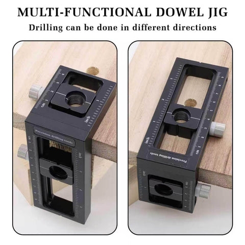 Upgraded 2-In-1 Drill Guide Positioning Clamp With Self Centering Clamp Graduated Aluminum Woodworking Tool Featuring 8 Drill Bushings 3-10mm Vertical Multi Angle Jig For Precise Straight Holes And Pro Grade Accuracy, shown clamped to wood piece for precise drilling.