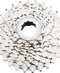 9 Speed Mountain Bike Cassette HG400 Series with nickel plated lockring and drilled cogs, visible from top angle