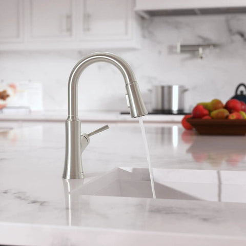 hansgrohe Joleena Pull Down Kitchen Faucet, Transitional, Magnetic Hand Sprayer, 1-Handle, 1.75 GPM, Stainless Steel Optic, 04112800 with flowing water.