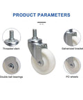 Close-up of heavy duty caster wheels with brake MX threaded stem, swivel casters showing galvanized brackets, PO wheels, and double ball bearings.